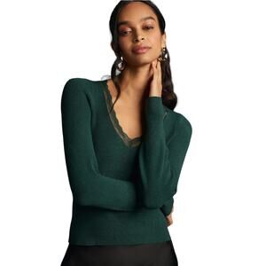 Anthropologie Green Ribbed Scallop Lace Trim V Neck Sweater